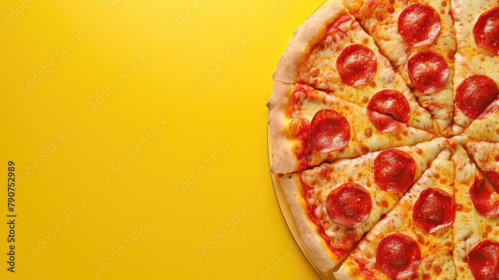 Whole pepperoni pizza on yellow background