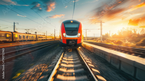 High-speed train in motion at sunset on railway