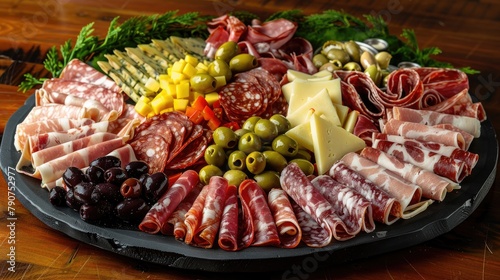 Antipasto platter with sausages, ham, cheese and olives