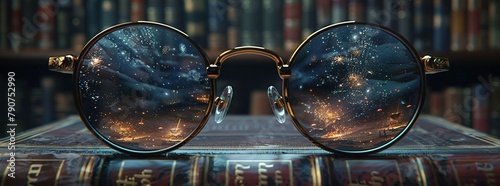 A pair of glasses that reveal otherworldly entities to the wearer in an old bookstore  photo