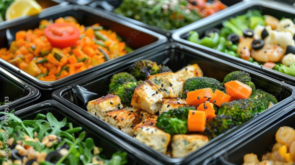 Healthy food in take away boxes. Diet concept