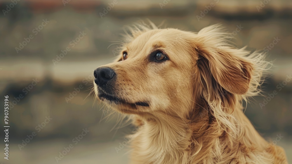 Golden retriever looking up with attentive gaze Golden retriever looking up with attentive gaze