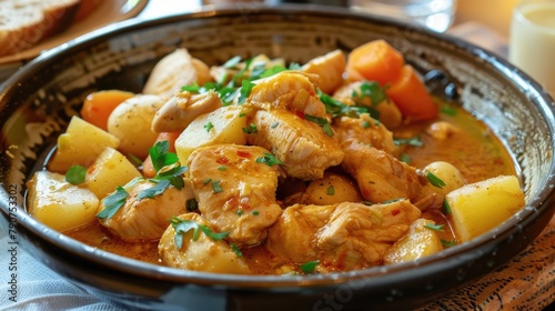 Chicken stew with potatoes, carrots and herbs in a rustic style