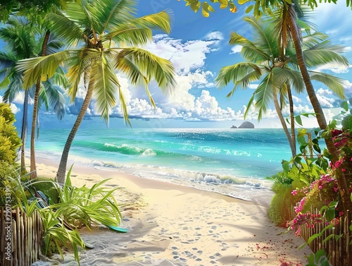 AI generated illustration of a tropical beach with palm trees by the water's edge