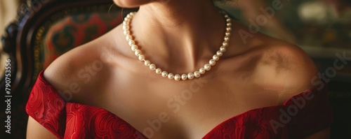 woman's neck and shoulder area, highlighting a pearl necklace alongside her elegant, red embroidered dress