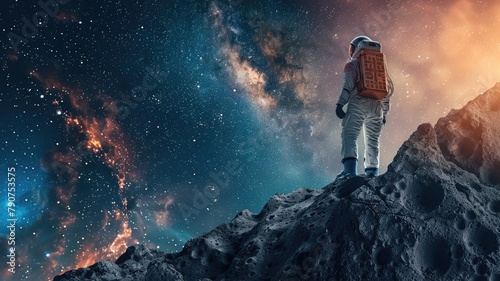 Astronaut standing on rocky surface with cosmic backdrop of stars and nebulae photo
