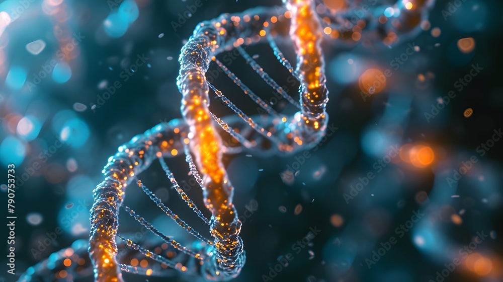 3D Rendering of a Glowing DNA Molecular genomes structure concept of biochemistry 3D Rendering of a Glowing DNA Molecular genomes structure concept of biochemistry