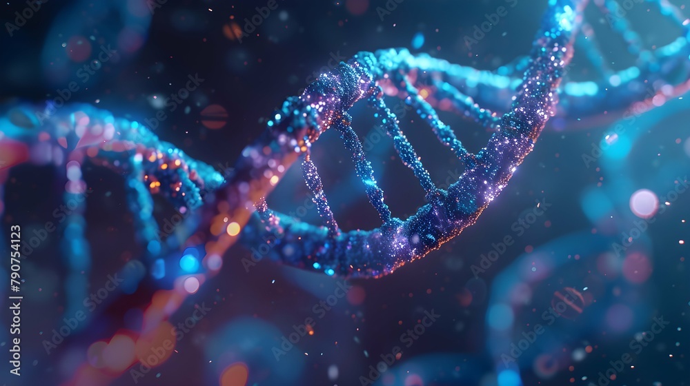 3D Rendering of a Glowing DNA Molecular genomes structure concept of biochemistry 3D Rendering of a Glowing DNA Molecular genomes structure concept of biochemistry