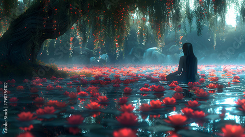 Serene Buddha Amidst Psychedelically Evolving Lotus Pond photo