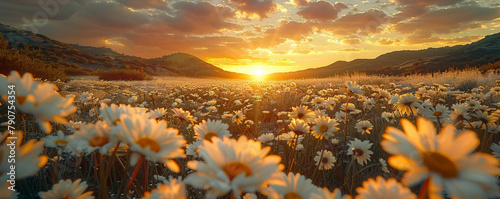 A field of daisies at sunset with a beautiful sky