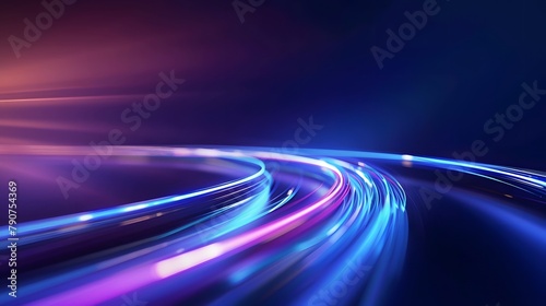 Blue curved light track on purple background, abstract technology and speed concept with glowing lines