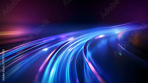 Blue curved light track on purple background, abstract technology and speed concept with glowing lines