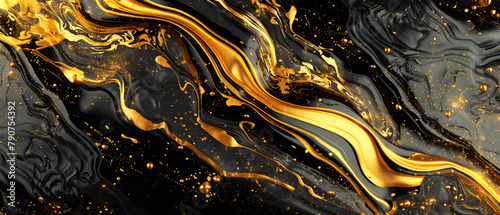 Dark Surface and Glowing Particles ,Black and orange modern abstract background with yellow glowing movement and high speed light effect ,3d render of abstract background with gold and black liquid 