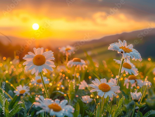 Early morning sunrise spills golden light on dew-speckled daisies in a lush green meadow, with soft clouds above gently rolling hills. © Siwatcha Studio