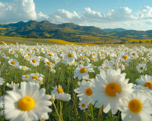 Vibrant field of white daisies in full bloom with rolling hills and a partly cloudy sky in the background.