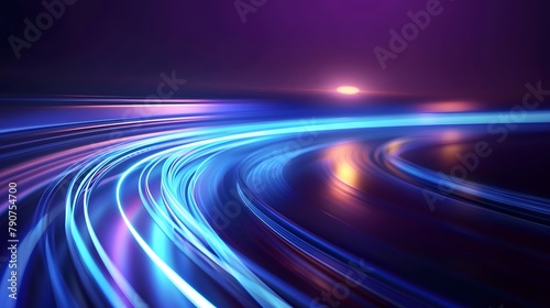 Blue curved light track on purple background, abstract technology and speed concept with glowing lines