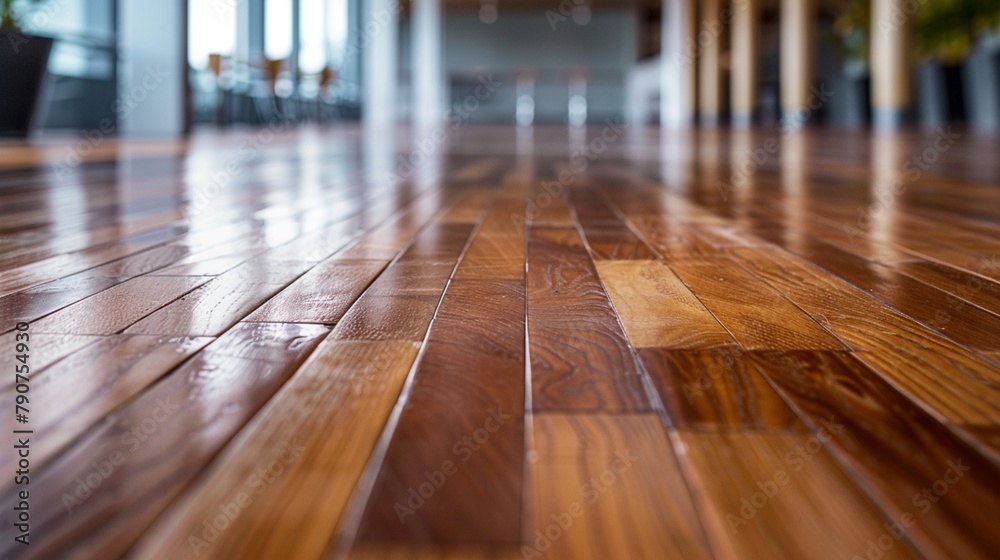 Polished wooden floorboards displaying a flawless finish, enhancing the cleanliness of the room with their smooth surface.