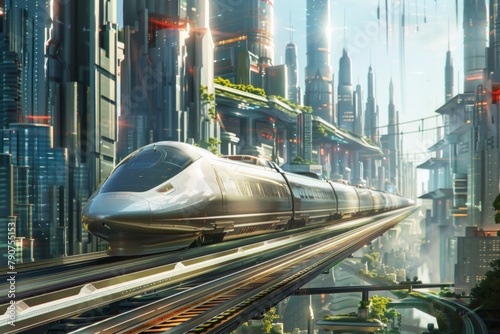 A high speed futuristic bullet train passing through a city photo
