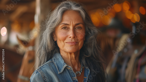 Elegant silver-haired woman with a gentle smile at a ranch. photo