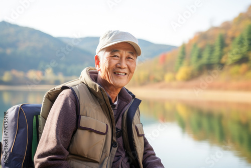  Smiling Hiking Elderly Asian Man with Baseball Cap and Backpack Enjoying Autumn by the Lake