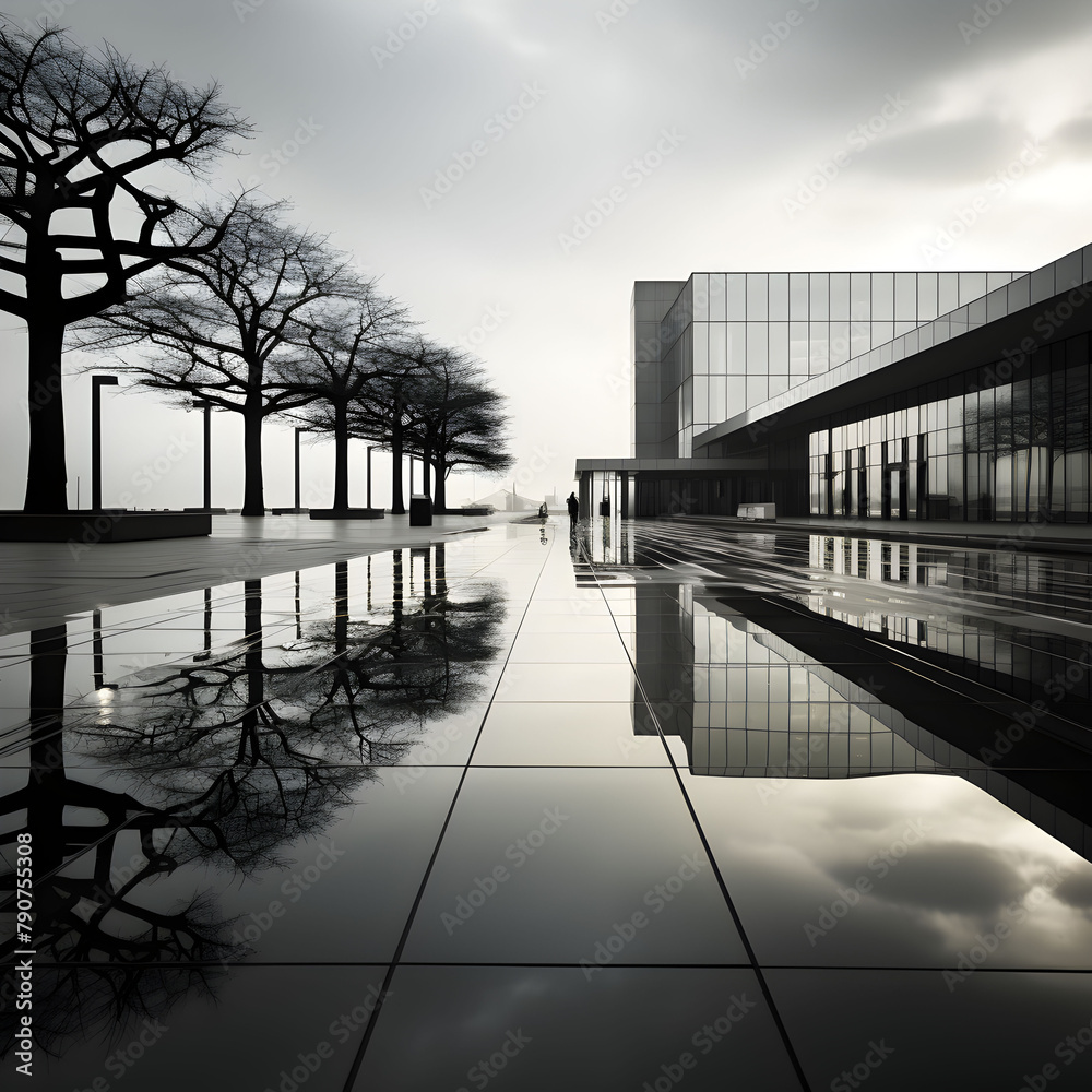 Obraz premium A large building with a glass facade and a walkway in front of it. The walkway is wet and has a reflection of the building in the water. Generative AI