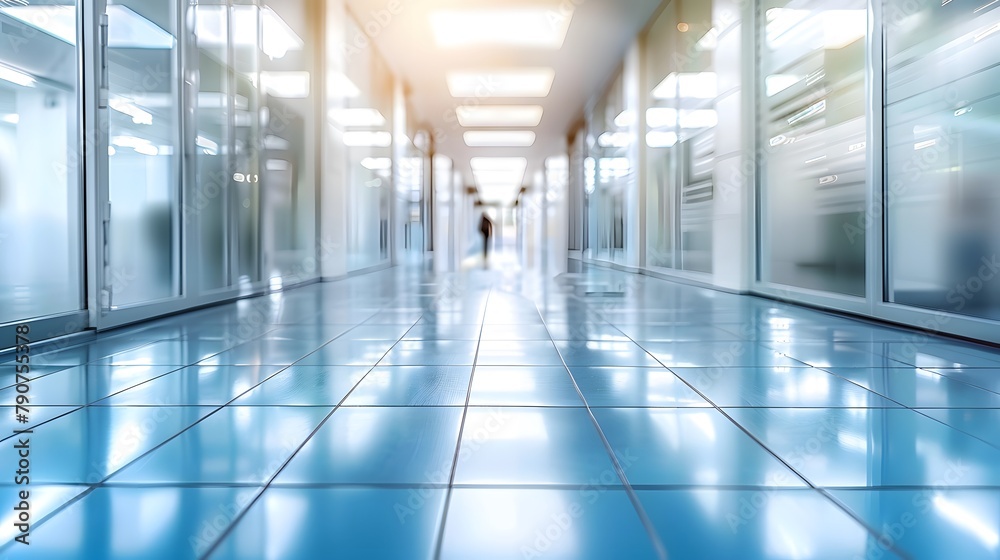 Panoramic light blue blurred background image of a spacious public office corridor or mall space. Panoramic light blue blurred background image of a spacious public office corridor or mall space.