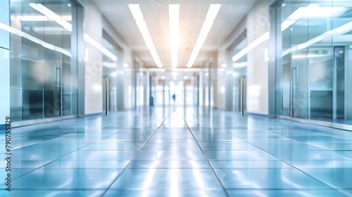 Panoramic light blue blurred background image of a spacious public office corridor or mall space.