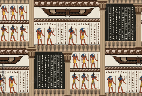 Egypt history pattern. Hieroglyph background. Ancient egypt background.Egyptian hieroglyph and symbolAncient culture sing and symbol.Anubis. Ra. photo