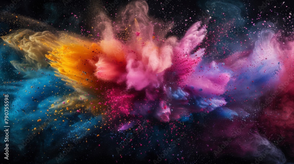 Colorful abstract powder explosion on black background. Colorful cloud of dust