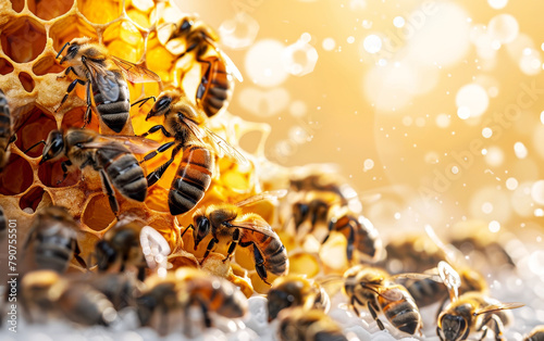 A cluster of bees swarming around a honeycomb, busily collecting nectar and creating honey in their hive