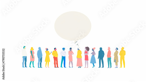 People character with empty white text balloon, isolated on white background, minimalist, vector illustration style. The simple line drawing, vibrant colors and minimal details, ethnic diversity.