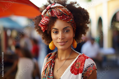 Beautiful African Woman with Colorful Headwrap and Bold Accessories Outdoors