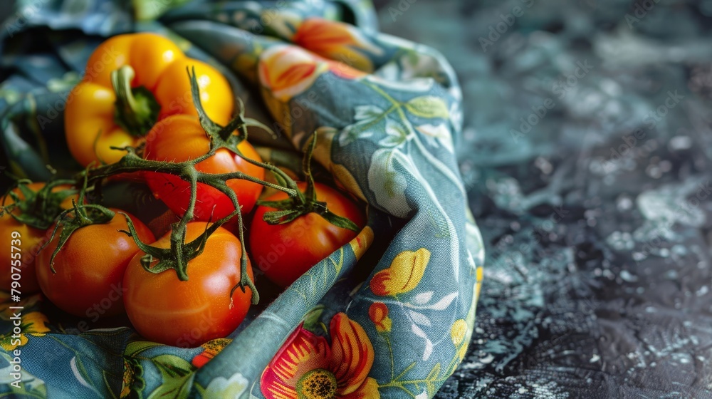 Fresh tomatoes and sweet peppers on a kitchen towel, selective focus