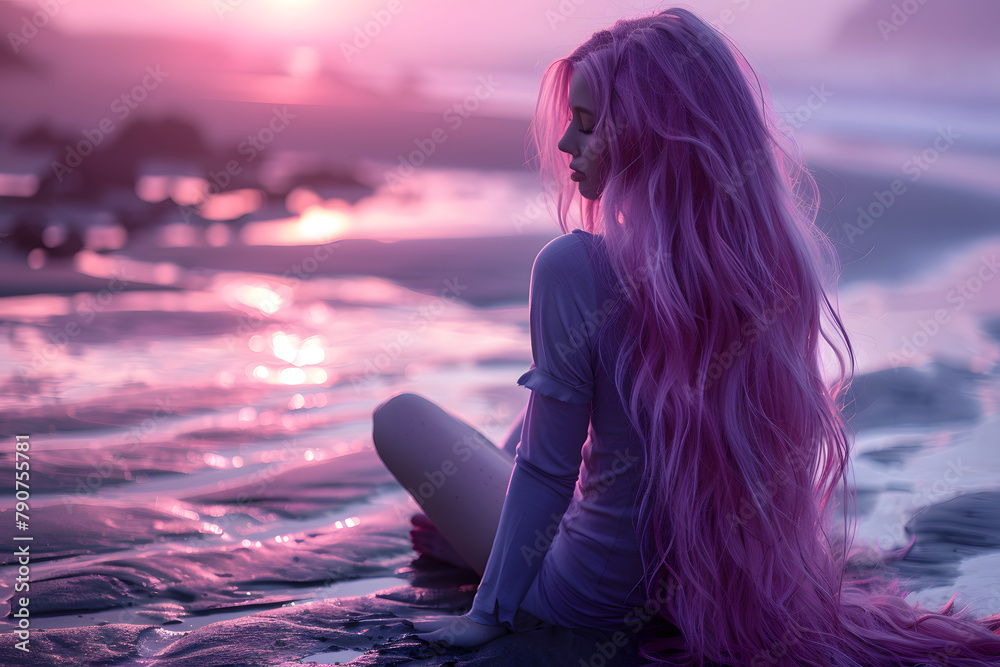 Serene Woman Amidst Empty Space - Pink Violet Hair and Soft Canvas