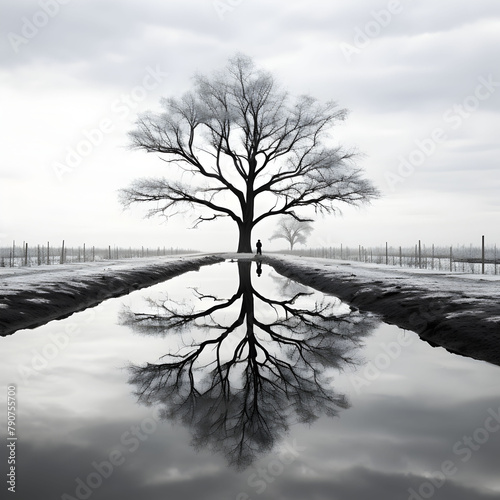 Trees with reflection in the water. Generative AI