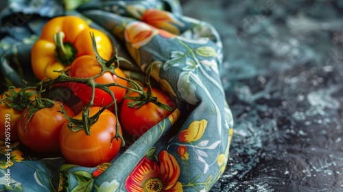 Fresh tomatoes and sweet peppers on a kitchen towel, selective focus
