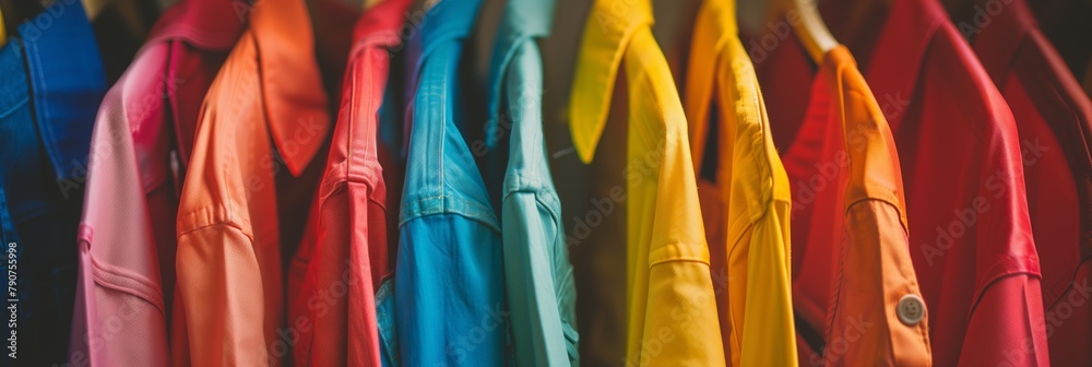 A row of colorful shirts hanging on a clothesline