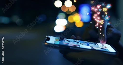Woman Watching and Read News on Smart Phone Close-up. Smart phone messaging in male hands in front of blurred city lights. Man typing on cell phone at night	 photo