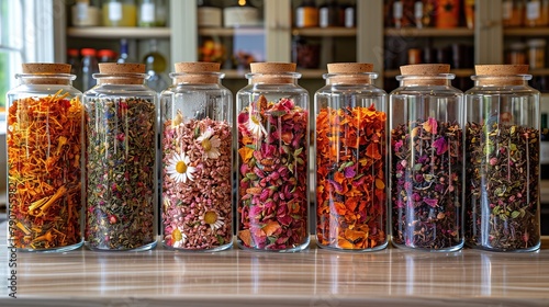 A vivid display of various herbal tea blends in clear glass jars arranged on a kitchen counter, showcasing natural beauty and diversity of ingredients, ideal for culinary and health-related themes.