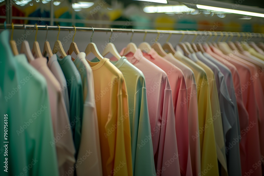 A rack of clothes with a variety of colors including pink, blue, and green A rack of clothes with a variety of colors including pink, blue, and green