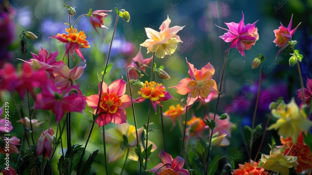 Beautiful Aquilegia Blooming in Spring Garden - Bright and Colorful Floral Blossoms in Nature