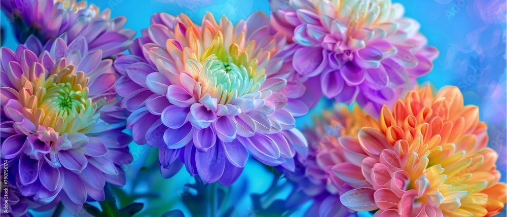 Close-up of a vibrant blue and yellow chrysanthemum flower in a garden