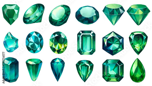 Big set of Emerald gem stone illustration objects, Minimalist, water color, set collection, Bright vibrant Green, 