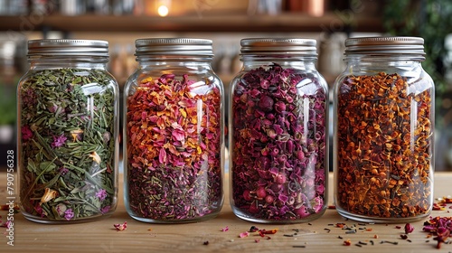 A sophisticated setup of herbal tea blends presented in glass jars, each showcasing a unique mixture of botanical elements, perfect for use in wellness and dietary contexts.