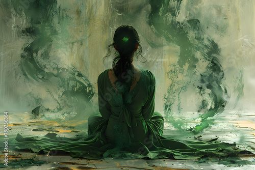 Emerald Harmony: A Tranquil Woman Radiating Soothing Psychic Vibrations and Spiritual Balance