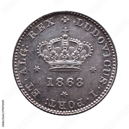 Portuguese silver coin of 50 Reis from the reign of Luiz I. Crown with the year 1863 below