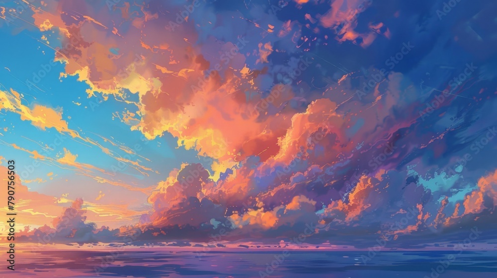 Sunset over ocean, clouds painting