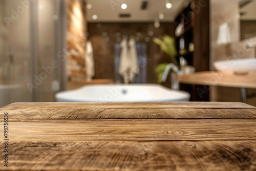 Blurred Bathroom Interior Background with Empty Brown Wooden Counter Top Display. Modern Light Design for Product Montage or Desk Use