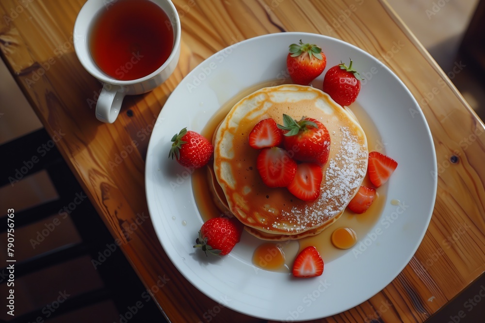 A stack of pancakes with strawberries and syrup on top of a white plate