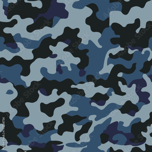  camouflage blue pattern vector fabric texture, seamless illustration military background